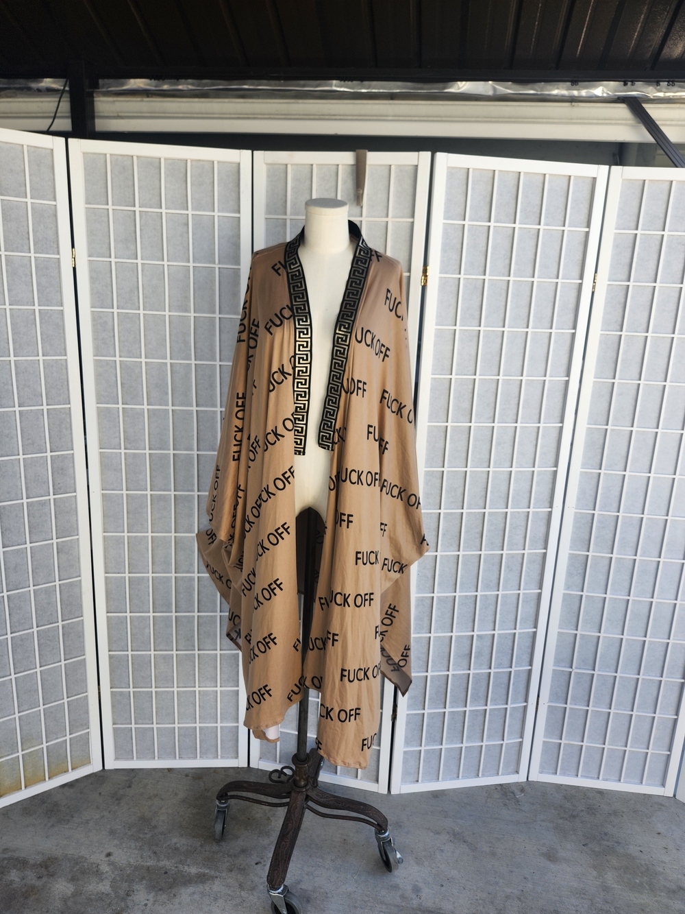 Clicquot Kimono Statement Tan Duster with Black Lettering